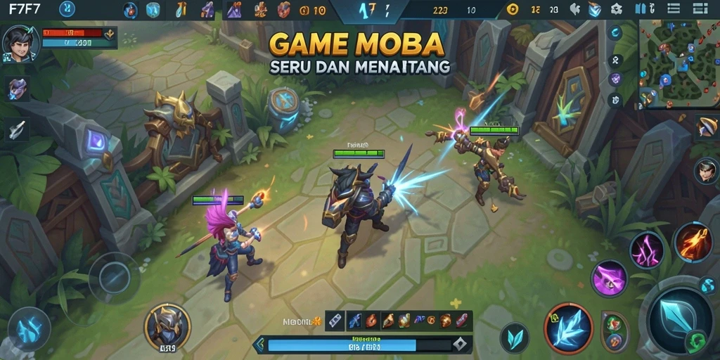 Tangkapan layar menunjukkan aksi seru dalam permainan MOBA F7F7.