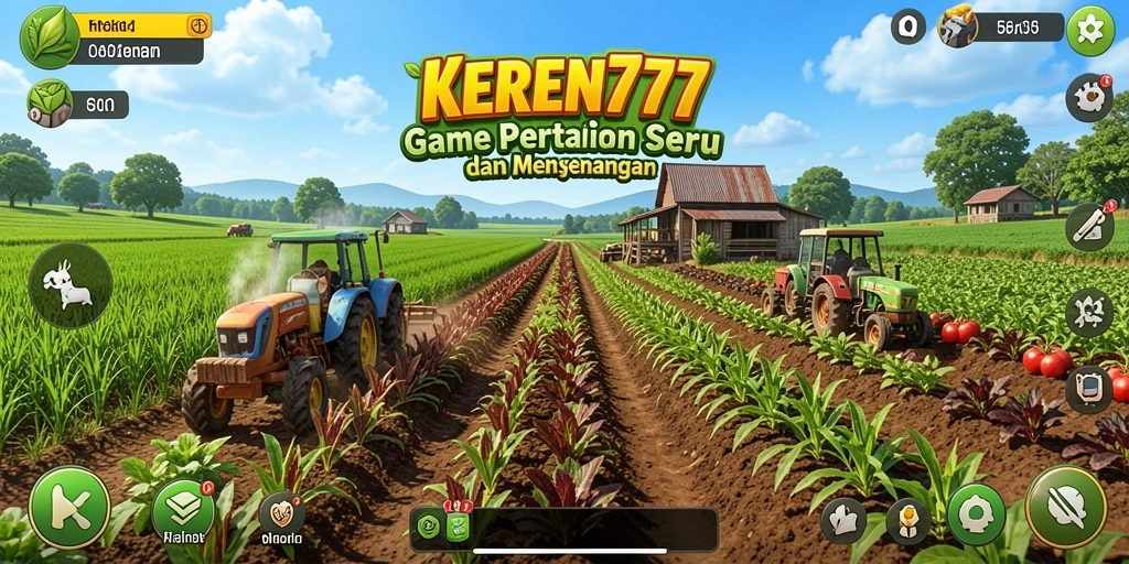 Tampilan gameplay KEREN777 dengan ladang subur dan aktivitas pertanian.