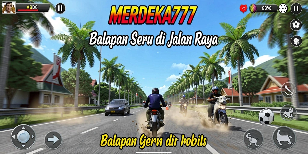 Screenshot gameplay MERDEKA777 menunjukkan aksi balapan yang cepat dan seru.