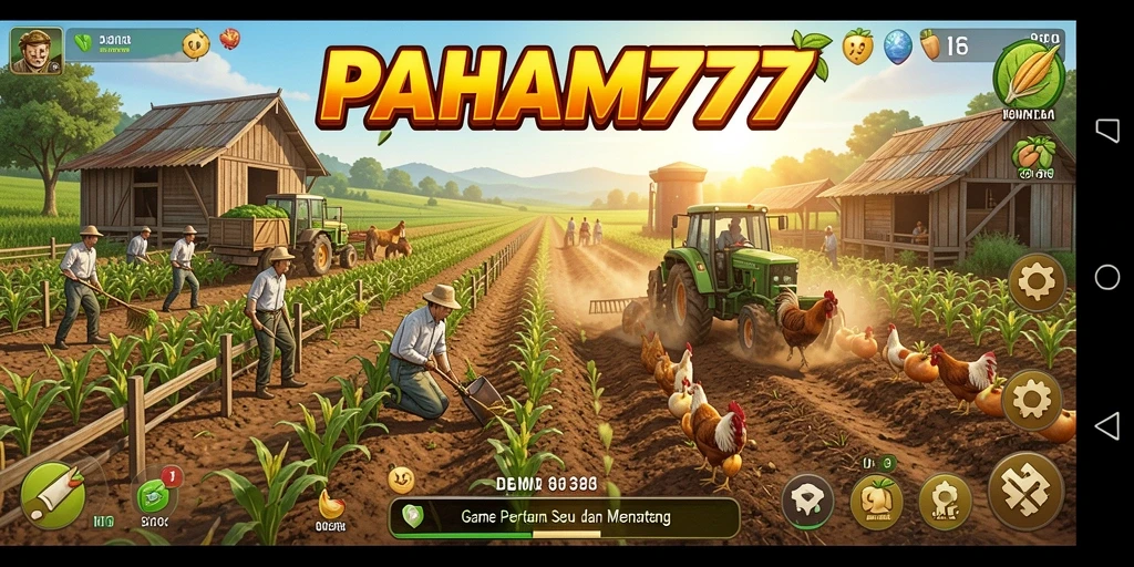Tampilan gameplay PAHAM777 yang penuh warna dan interaktif di lahan pertanian.