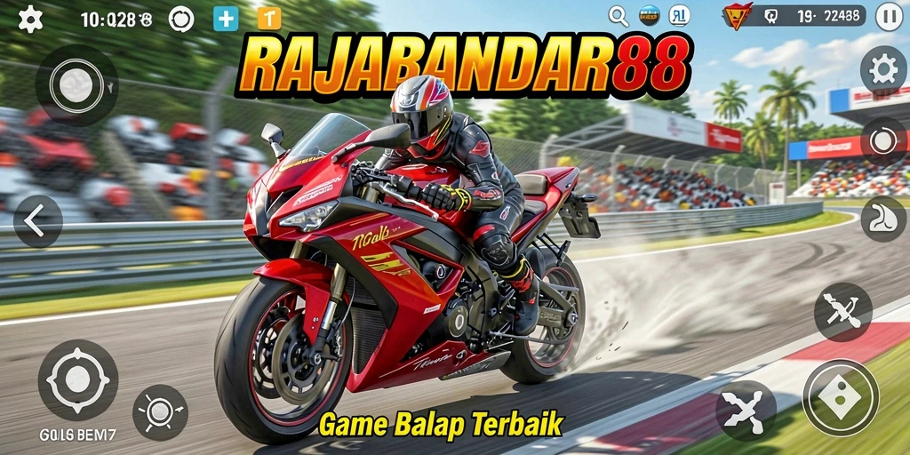 Tampilan gameplay mendebarkan dari RAJABANDAR88 dengan aksi balap motor.