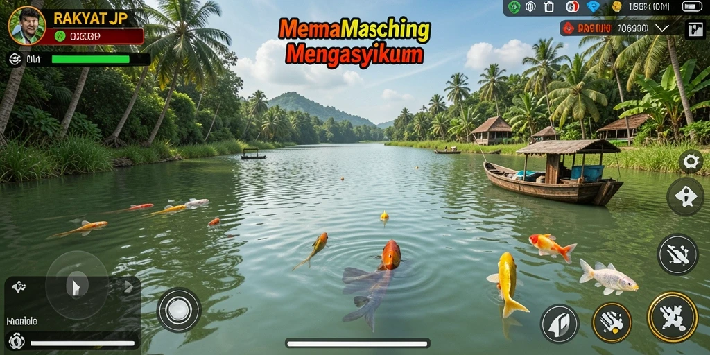 Tampilan gameplay <strong>RAKYATJP</strong> dengan berbagai ikan yang menantang untuk ditangkap.