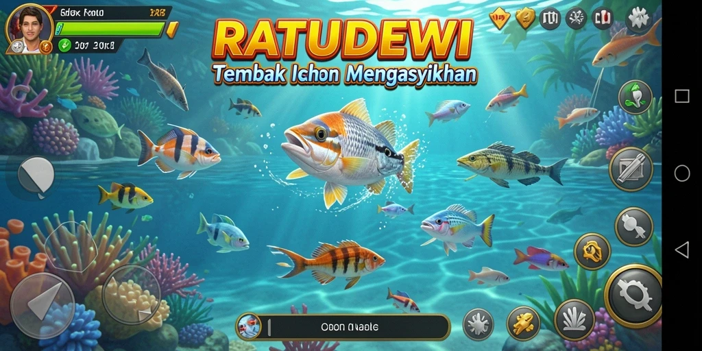 Screenshot gameplay <strong>RATUDEWI</strong> menampilkan aksi seru menembak ikan berwarna-warni.